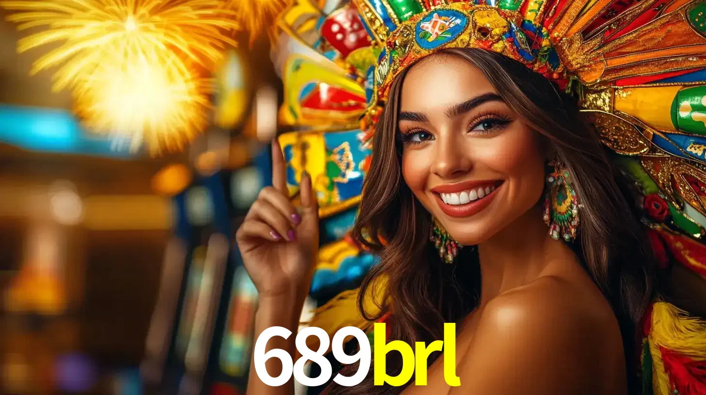 Mulher sorridente com um cocar de carnaval vibrante e colorido, celebrando uma grande vitória nos jogos do cassino 689brl com fogos de artifício ao fundo.