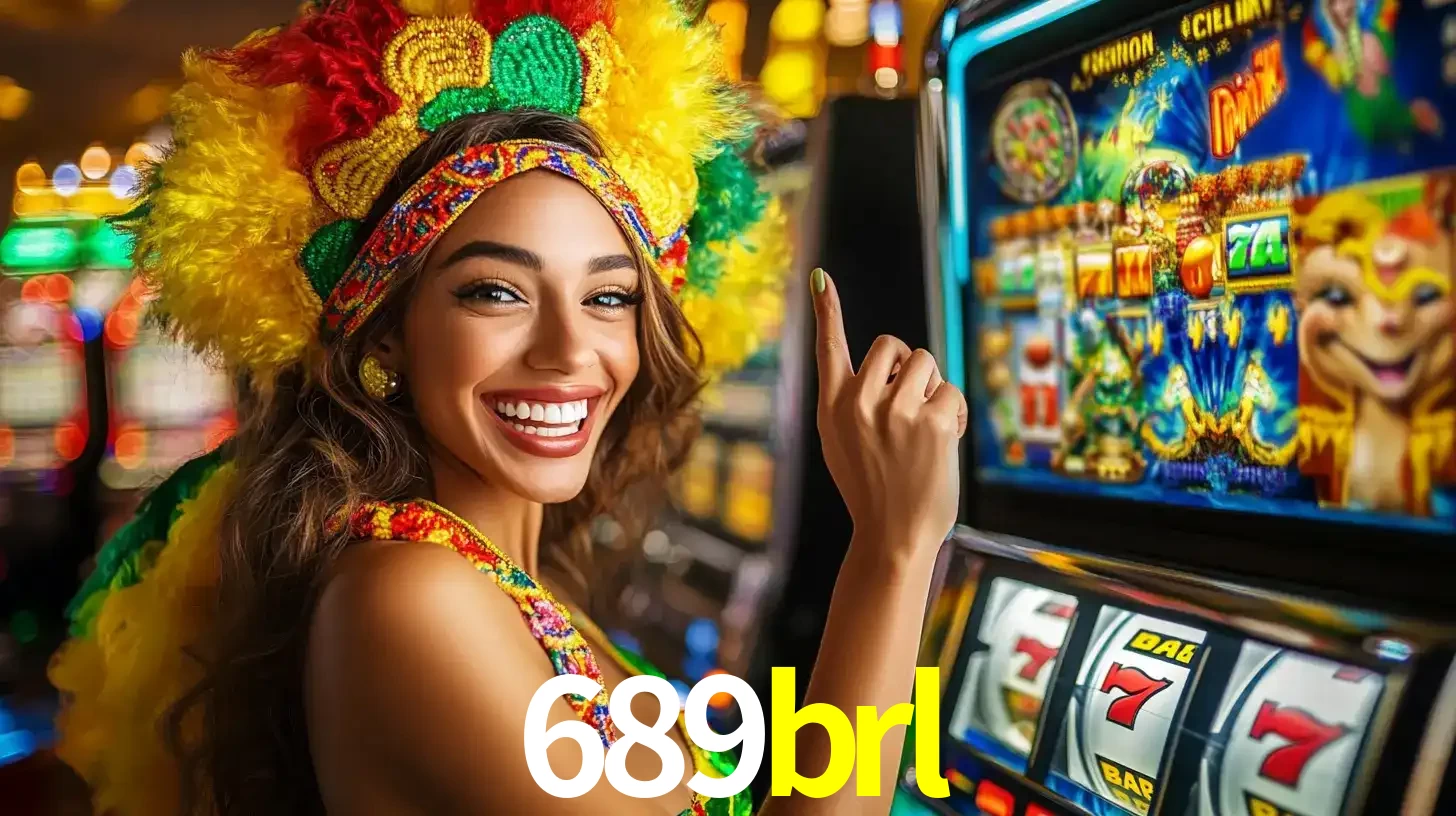 Mulher animada com um cocar de carnaval apontando para uma máquina de caça-níqueis, mostrando a emoção de ganhar um grande prêmio nos jogos do 689brl.
