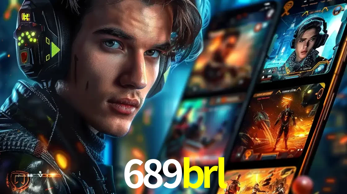 Jovem jogador com fones de ouvido olhando para a câmera, com um aplicativo de jogos e e-sports para celular ao fundo, pronto para a competição e apostas no 689brl.