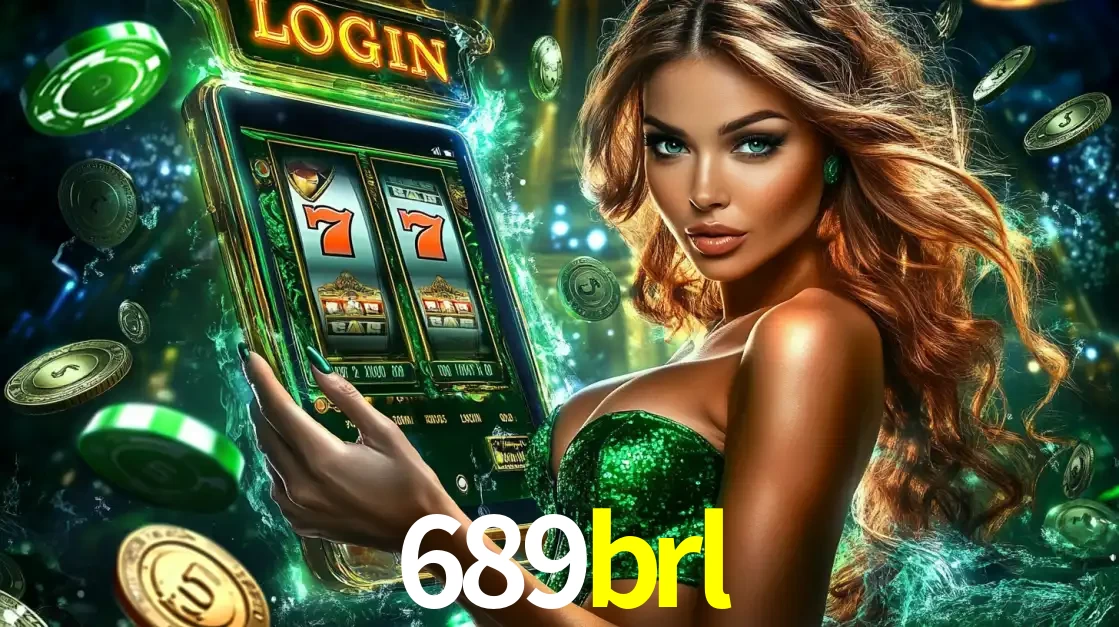 Mulher com tema verde apresentando o aplicativo do cassino 689brl com um jogo de slot de 777, cercada por fichas de cassino e uma aura de sorte.