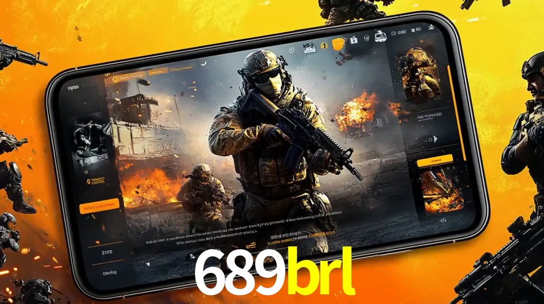 Um smartphone exibindo a interface de um jogo de tiro em primeira pessoa, com um soldado em um cenário de batalha, representando a ação dos e-sports para apostar no 689brl.