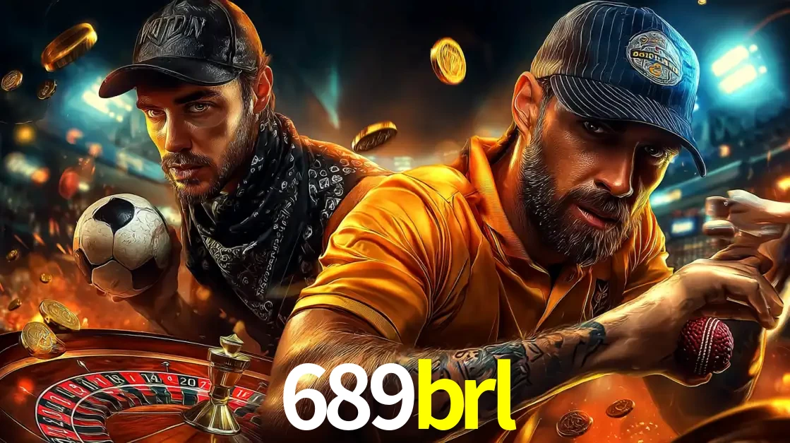 Montagem de apostas esportivas e cassino no 689brl, com um homem segurando uma bola de futebol e outro uma de beisebol sobre uma roleta e moedas voadoras.