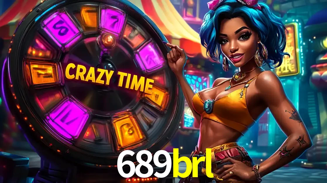 Mulher estilizada com cabelo azul e visual vibrante posando ao lado da roda de prêmios do game show Crazy Time, convidando para a diversão e os bônus do cassino 689brl.