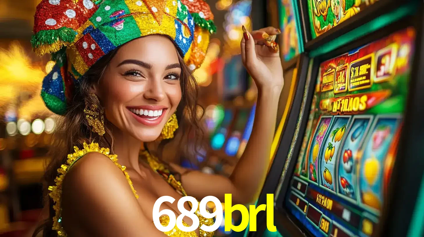 Mulher feliz com traje de carnaval amarelo e colorido ao lado de uma máquina de caça-níqueis, aproveitando a diversão e os jogos temáticos do cassino 689brl.