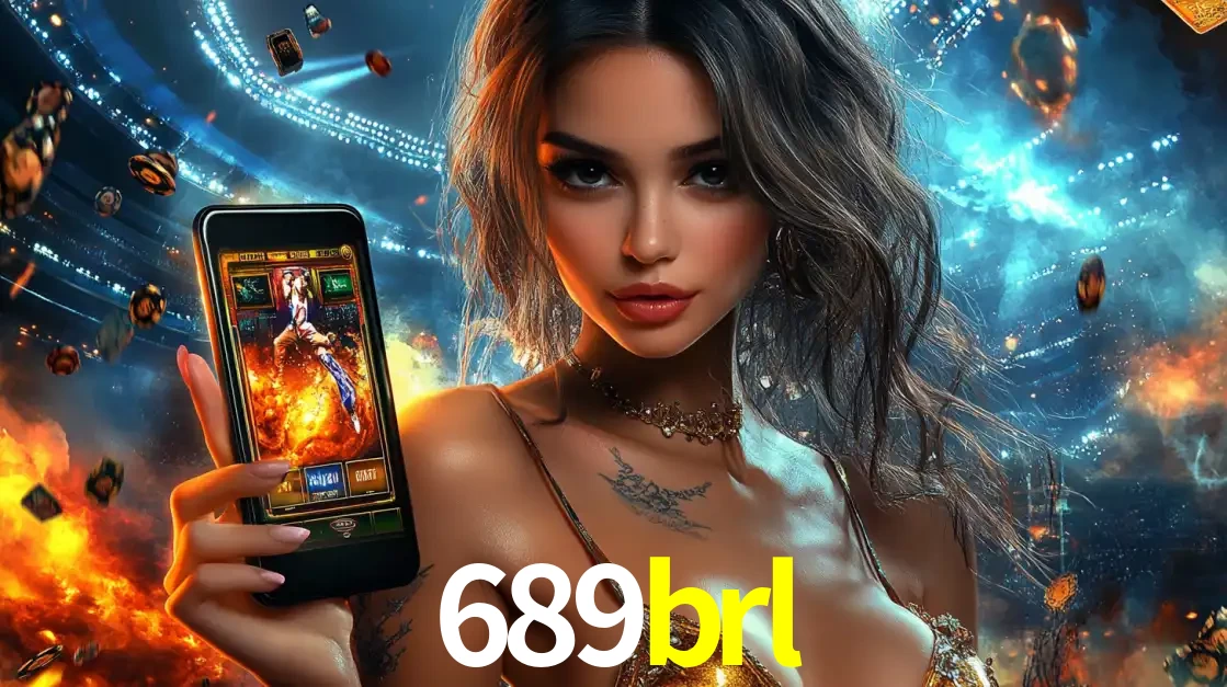 Mulher segurando um celular com um jogo de slot em destaque, tendo como fundo um estádio vibrante, simbolizando a emoção de jogar no cassino móvel 689brl.