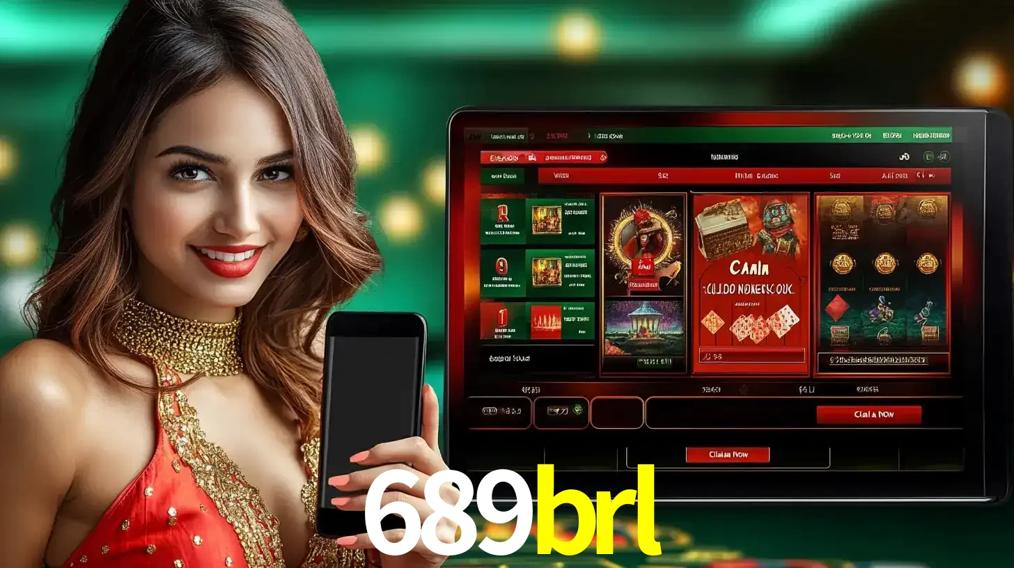 Mulher sorridente segurando um smartphone, ao lado de uma tela exibindo o lobby de jogos do cassino online 689brl, com várias opções de jogos de cartas e slots.